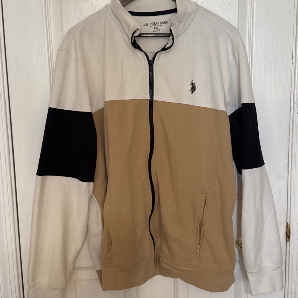 U.S. Polo Assn Track Jacket Mens 2XL White Tan Colorblock Zip Up 11-D441